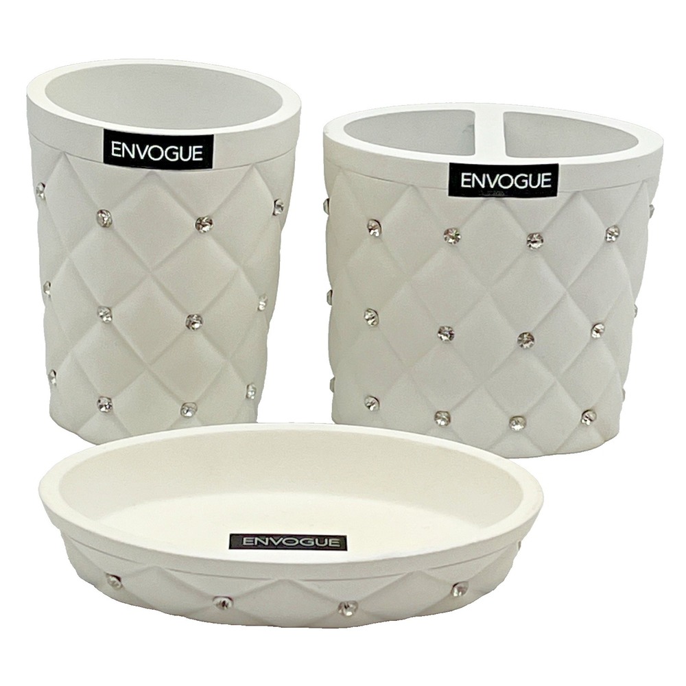 ENVOGUE 3 Pc White Resin Crystals Toothbrush Holder, Soap‎ Dish, Tumbler - NEW